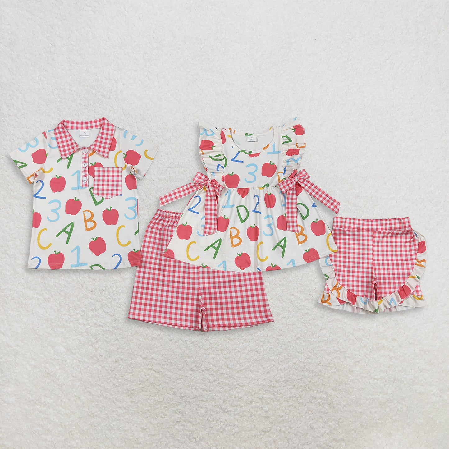 RTS Sibling ABC apple polo shirt plaid shorts boys and girls back to school set
