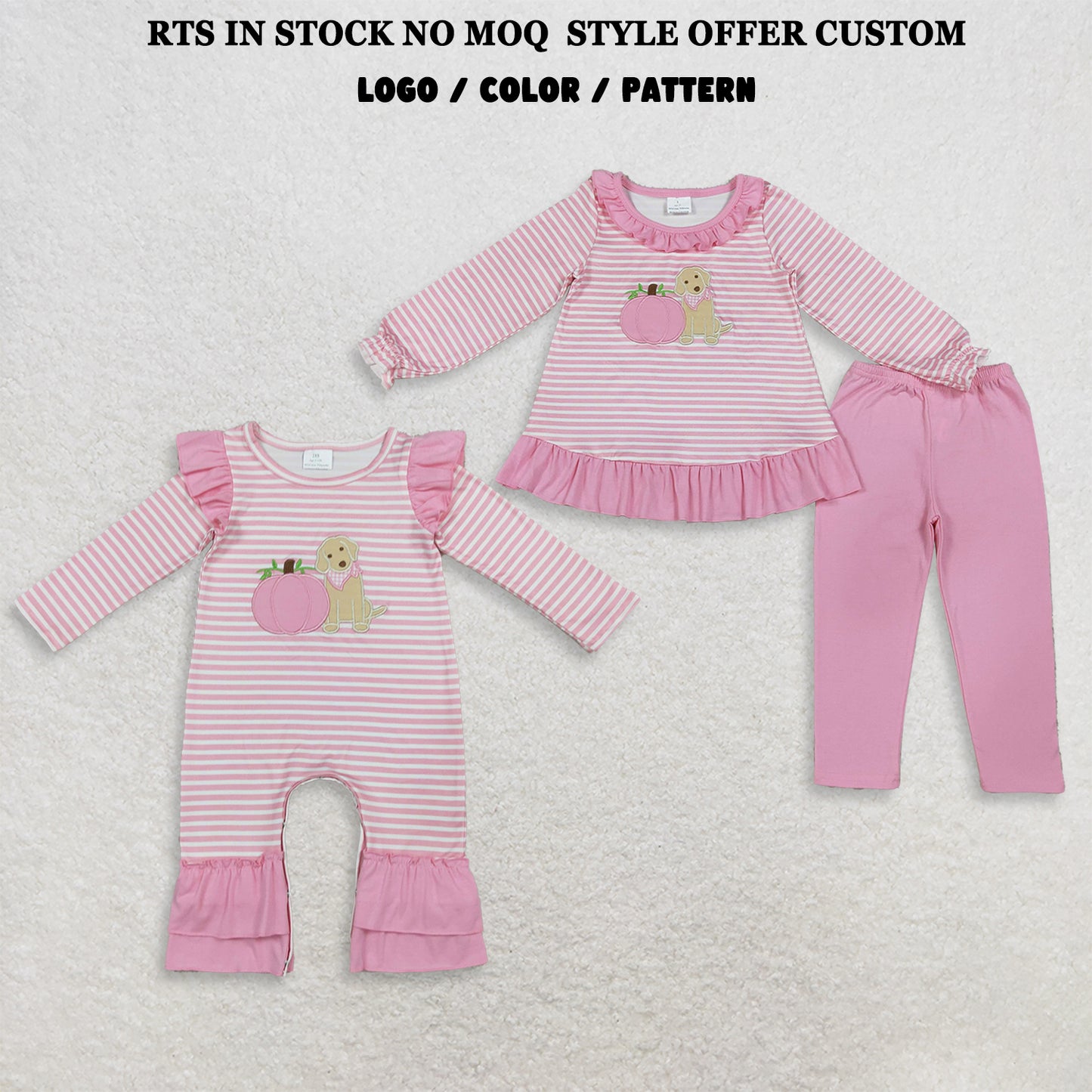 RTS NO MOQ Sibling milk silk Embroidery Pumpkins Dogs Baby Girls Pink Stripe Tunic Leggings Fall Clothes Sets Romper