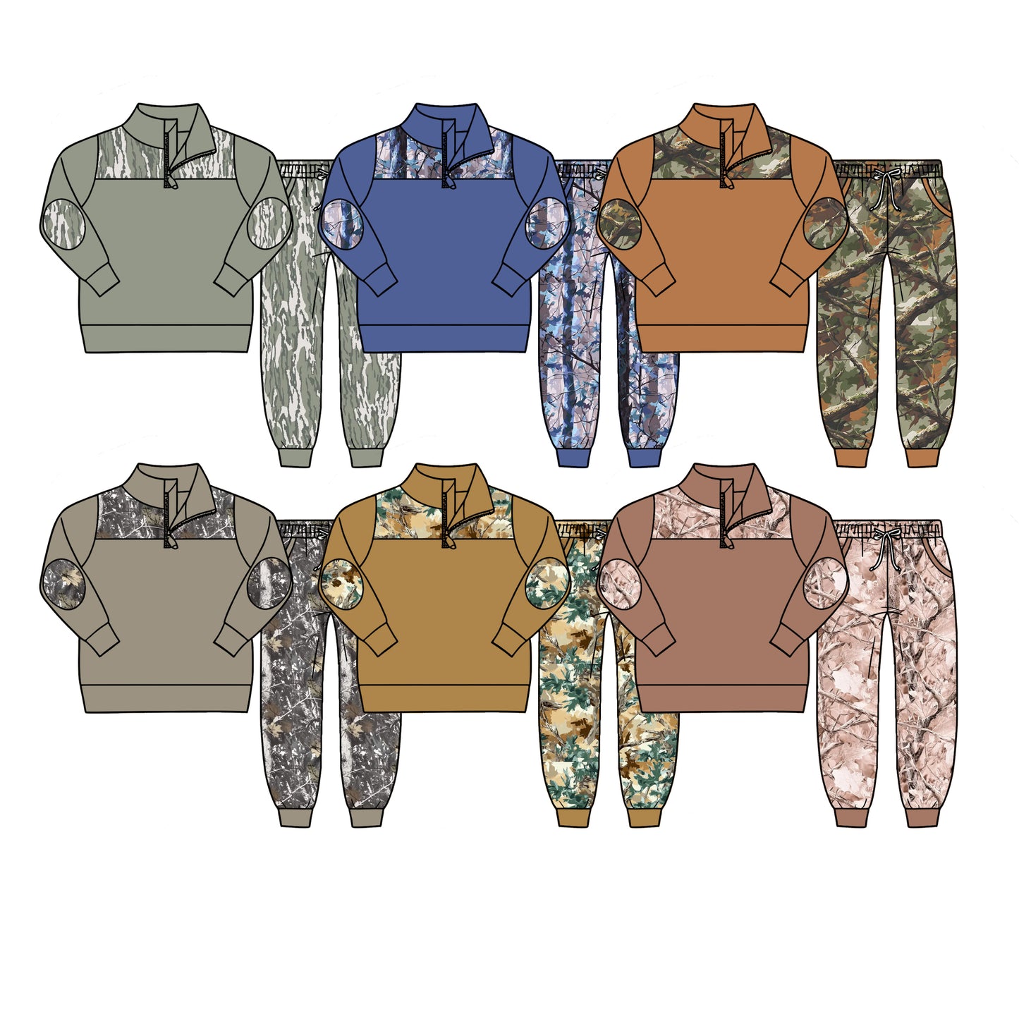 4.27 Pre order No Moq Baby Boys Long Sleeve Camo Zip Pullover Top Pockets Jogger Clothes Sets