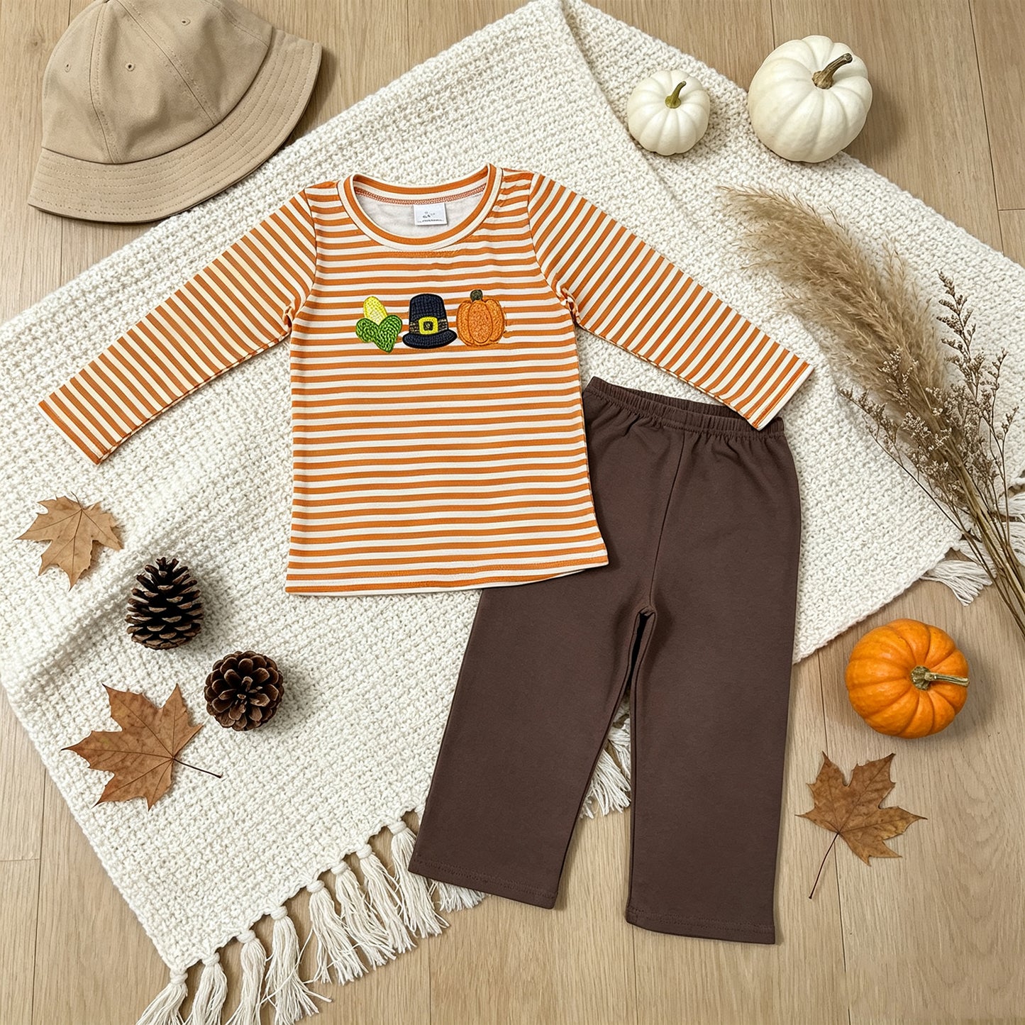 BLP1442  RTS NO MOQ （In stock）milk silk Embroidery Baby Boys Orange Stripe Pumpkin Embroidery Top And Pants Holiday Clothes Set