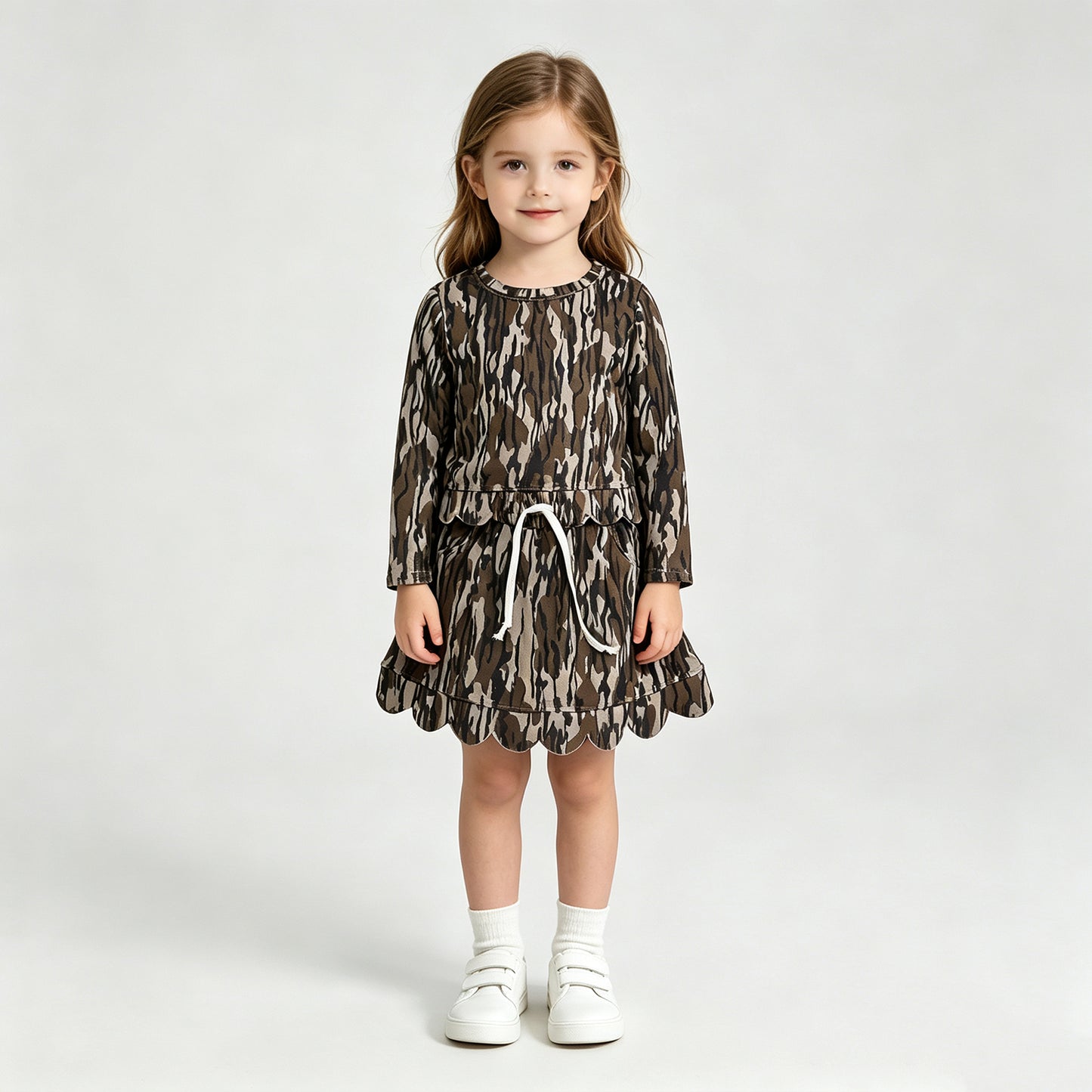 GLD1615（GT1686+GLK0298 ）RTS NO MOQ （In stock）Baby Girls Olive Camo Print Long Sleeve Scallop Hem Top Skort Set