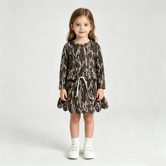GLD1615（GT1686+GLK0298 ）RTS NO MOQ （In stock）Baby Girls Olive Camo Print Long Sleeve Scallop Hem Top Skort Set
