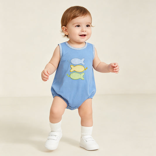 SR4005 RTS NO MOQ （In stock）Light blue sleeveless fish baby boy summer romper  Reviews
