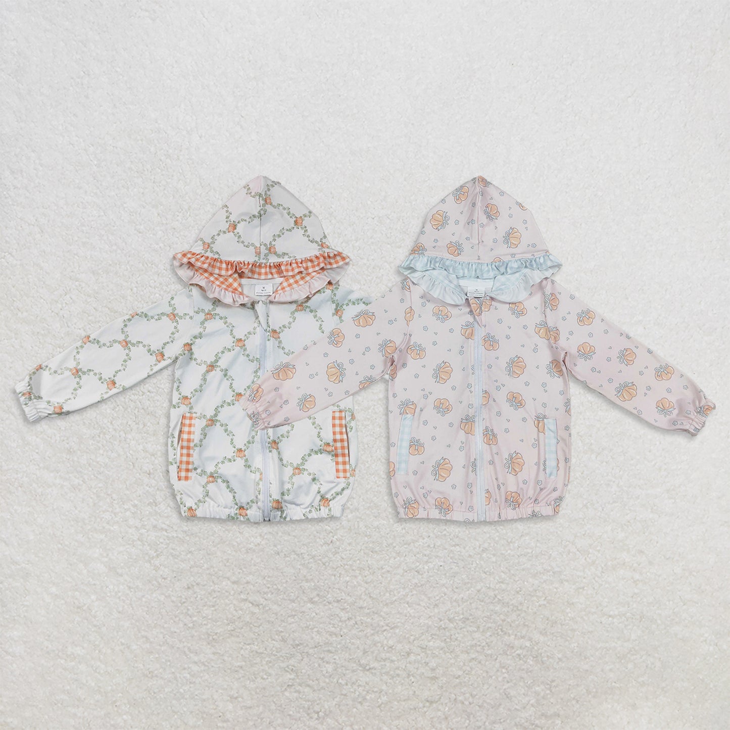 RTS Sibling Pumpkin plaid pocket ruffle zipper girls fall hooded jacket