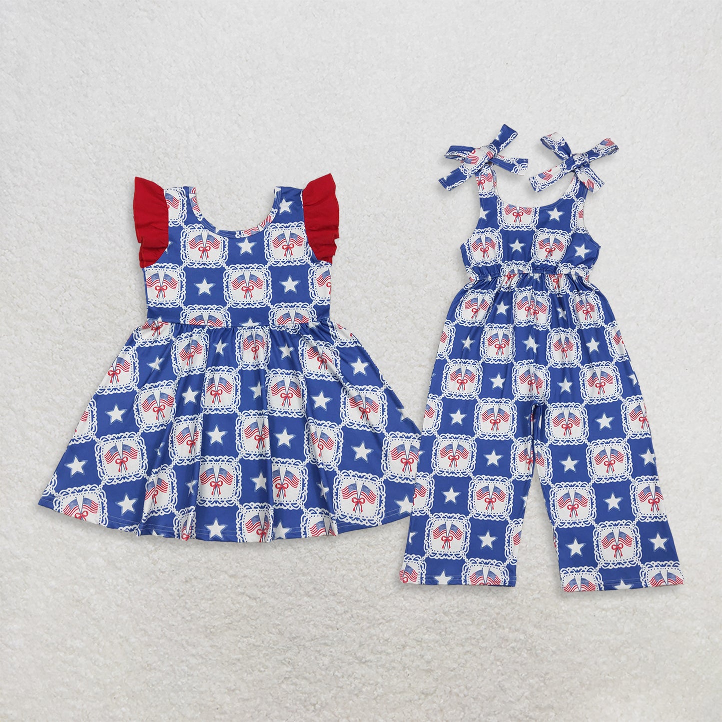 RTS Sibling Flutter sleeves flag bow stars girls 4th of july dresses and jumpsuit