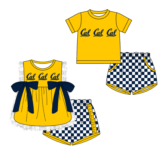 CUSTOM MOQ 5 Cute Comfortable Clothing For Kids Sibling Boys Baby Girls Summer Golden Bow Top Blue Checked Shorts Team Clothes Sets