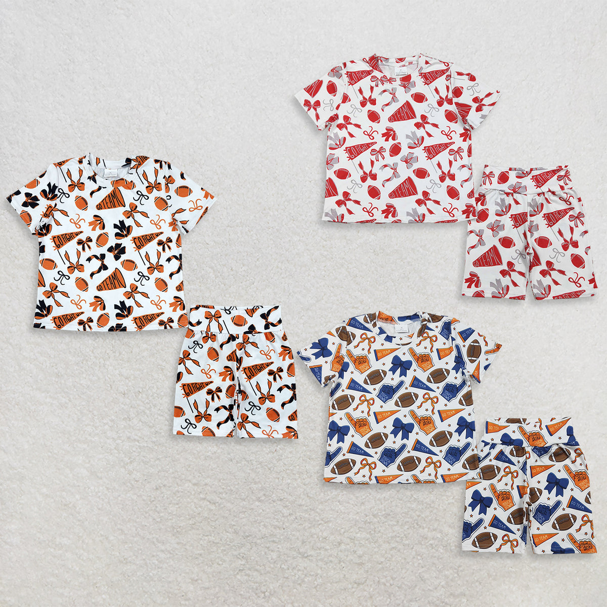 RTS NO MOQ Sibling Baby Girls Short Sleeve Bows Footballs Top Short Go Team Pajamas Clothes Sets