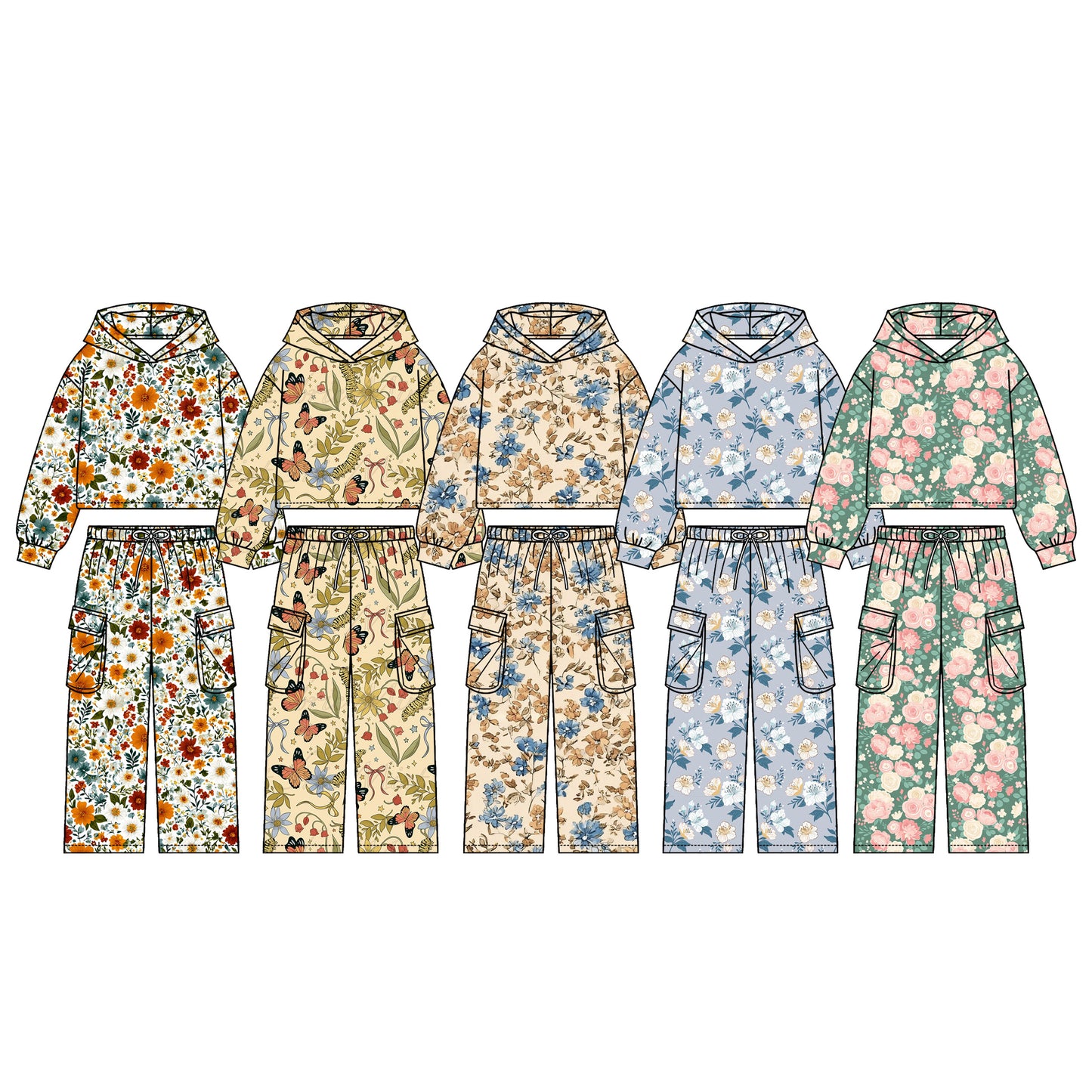 4.20 Pre order No Moq Baby Girls Colorful Flowers Hoodies Pockets Straight Bottom Pant Clothes