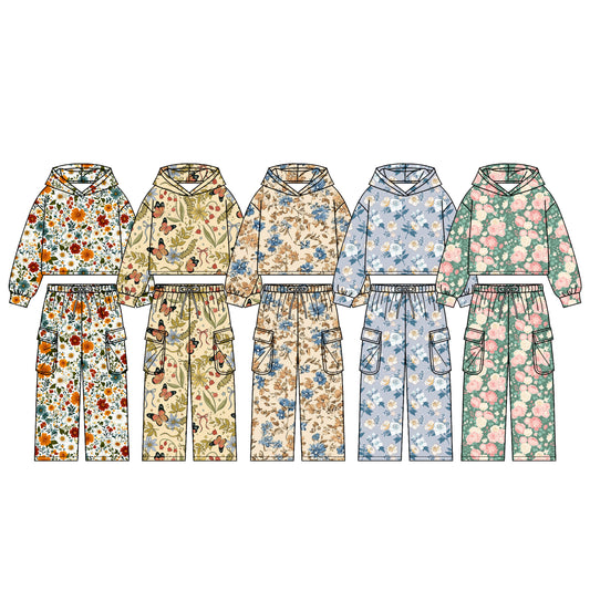 4.20 Pre order No Moq Baby Girls Colorful Flowers Hoodies Pockets Straight Bottom Pant Clothes