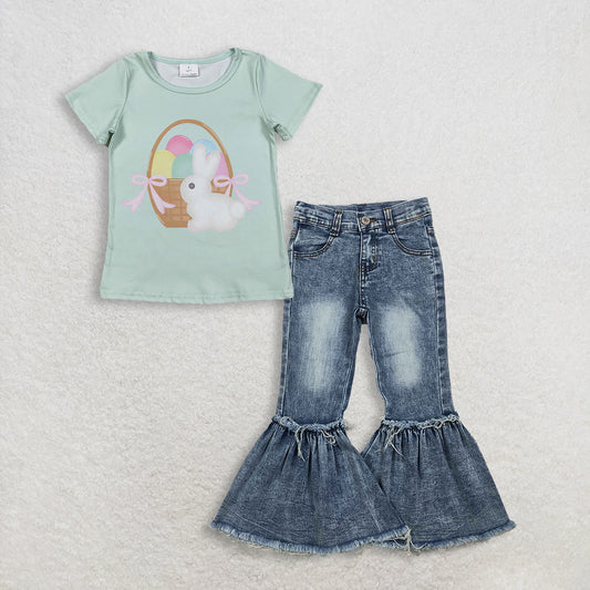 3.6 RTS NO MOQ （In stock）GT1396 + P0676 Baby Girls Short Sleeve Rabbits Eggs Easter T-shirts Top Navy Bleached Denim Flare Pants Jeans Clothes Sets