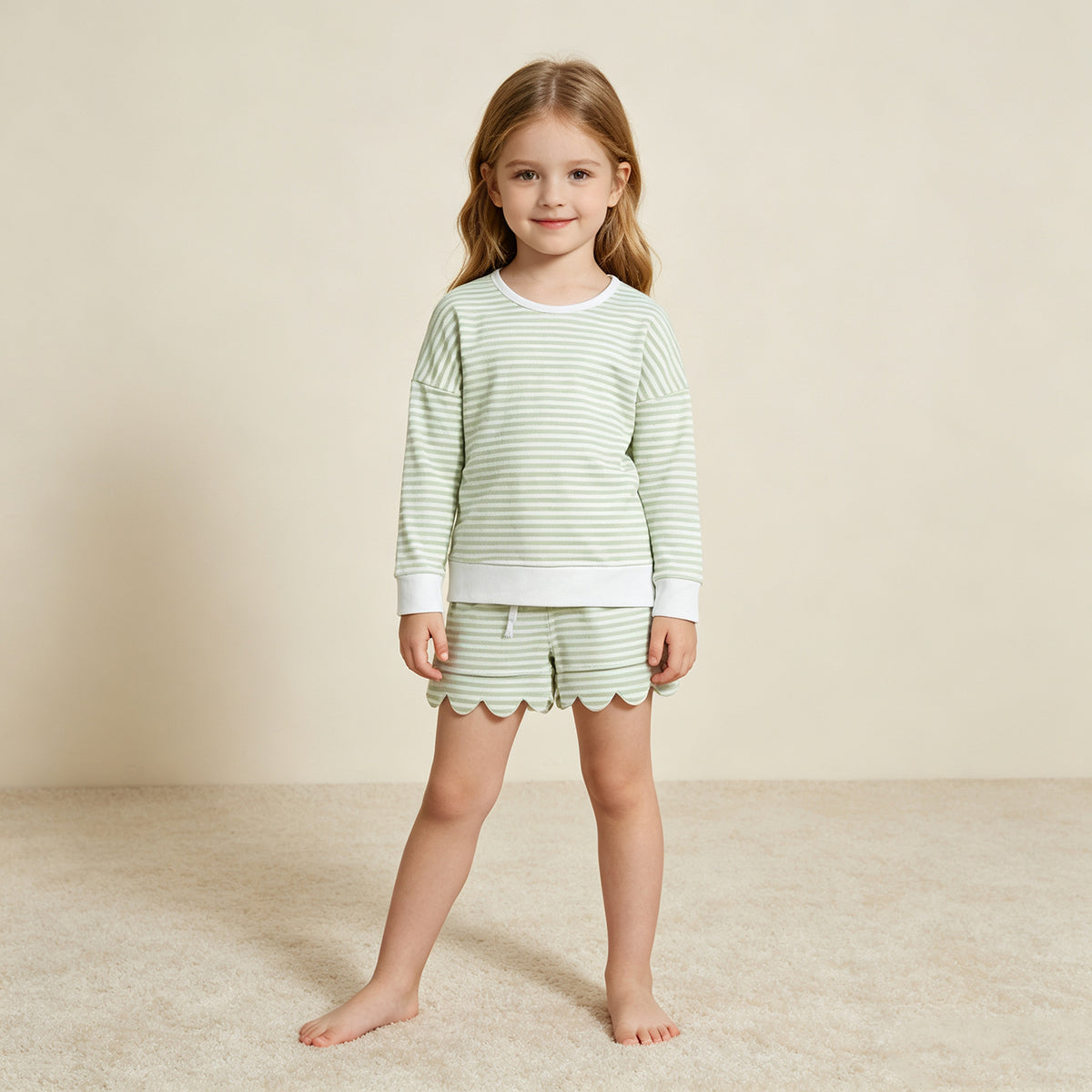 RTS NO MOQ （In stock） yoga fabric GLS0154 Baby Girls Light Green Stripe Long Sleeve Top Pockets Scallop Short Yoga Active Clothes Set