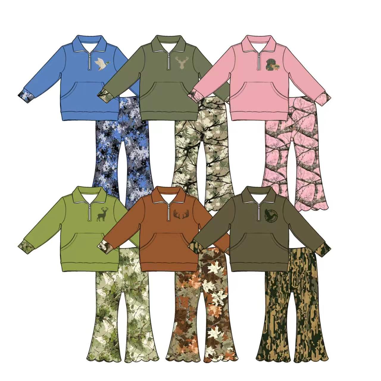 5.1 Pre order No Moq Baby Girls Pocket Zip Pullovers Scallop Flare Pants Hunting Clothes Sets