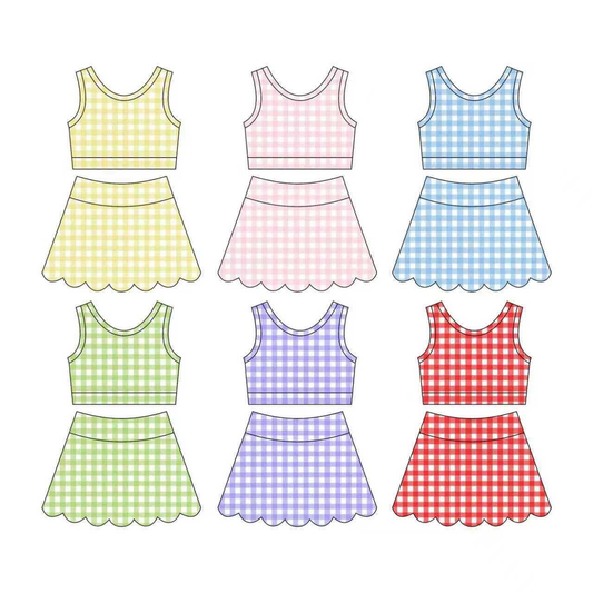 4.6 Pre order No Moq Baby Girls Checked Vest Scallop Skirt Short Yoga Active Clothes Set