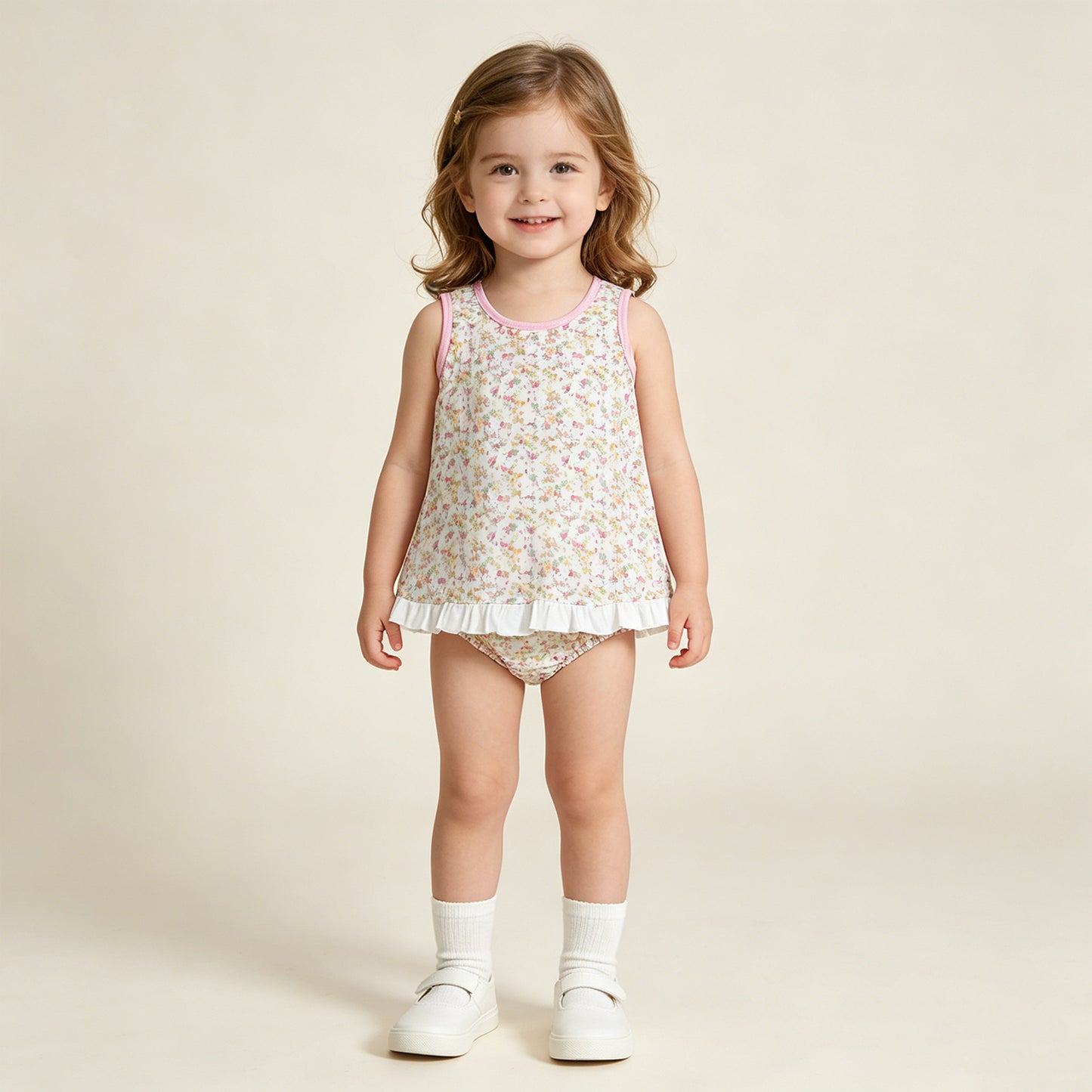 GBO0518 RTS NO MOQ （In stock）Sleeveless floral ruffle top bummies baby girls summer set
