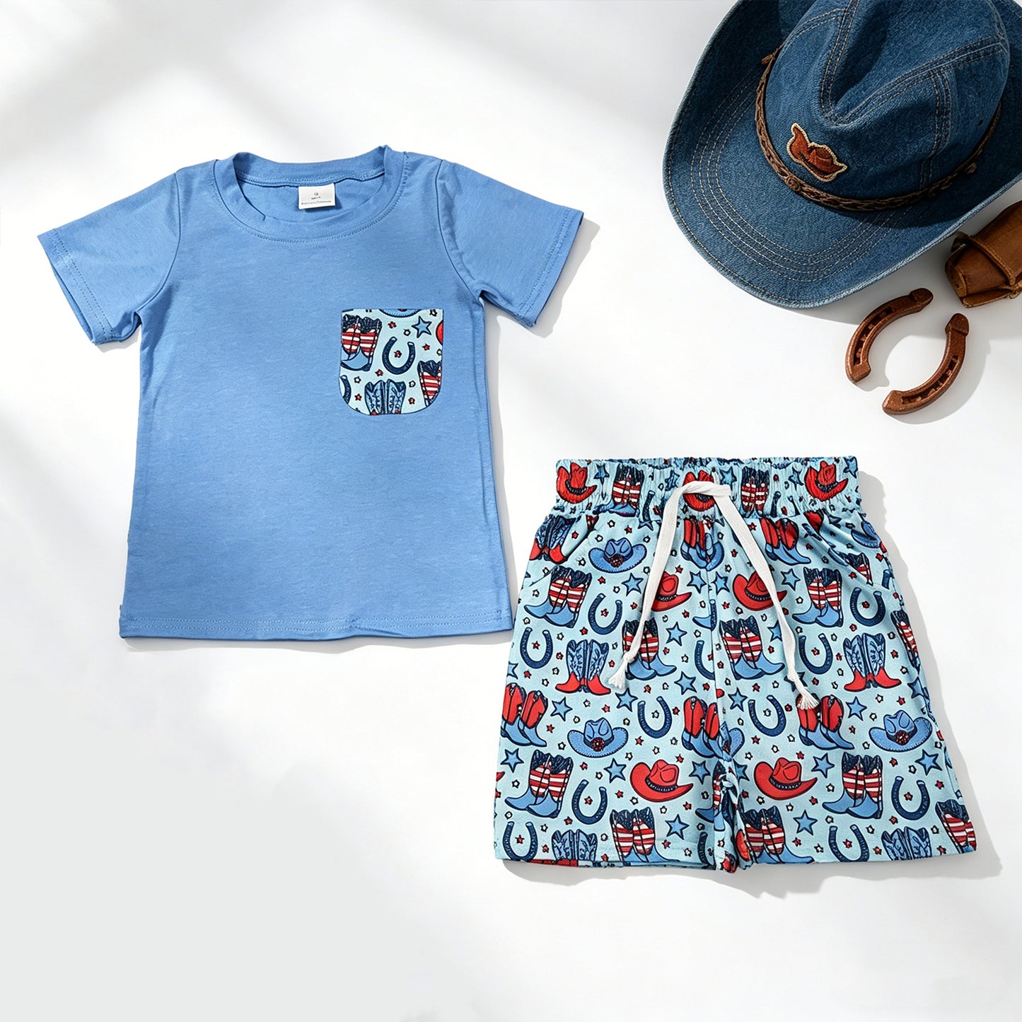 BSSO1829 RTS NO MOQ （In stock ）Pocket top boots hat shorts boys 4th of july outfits