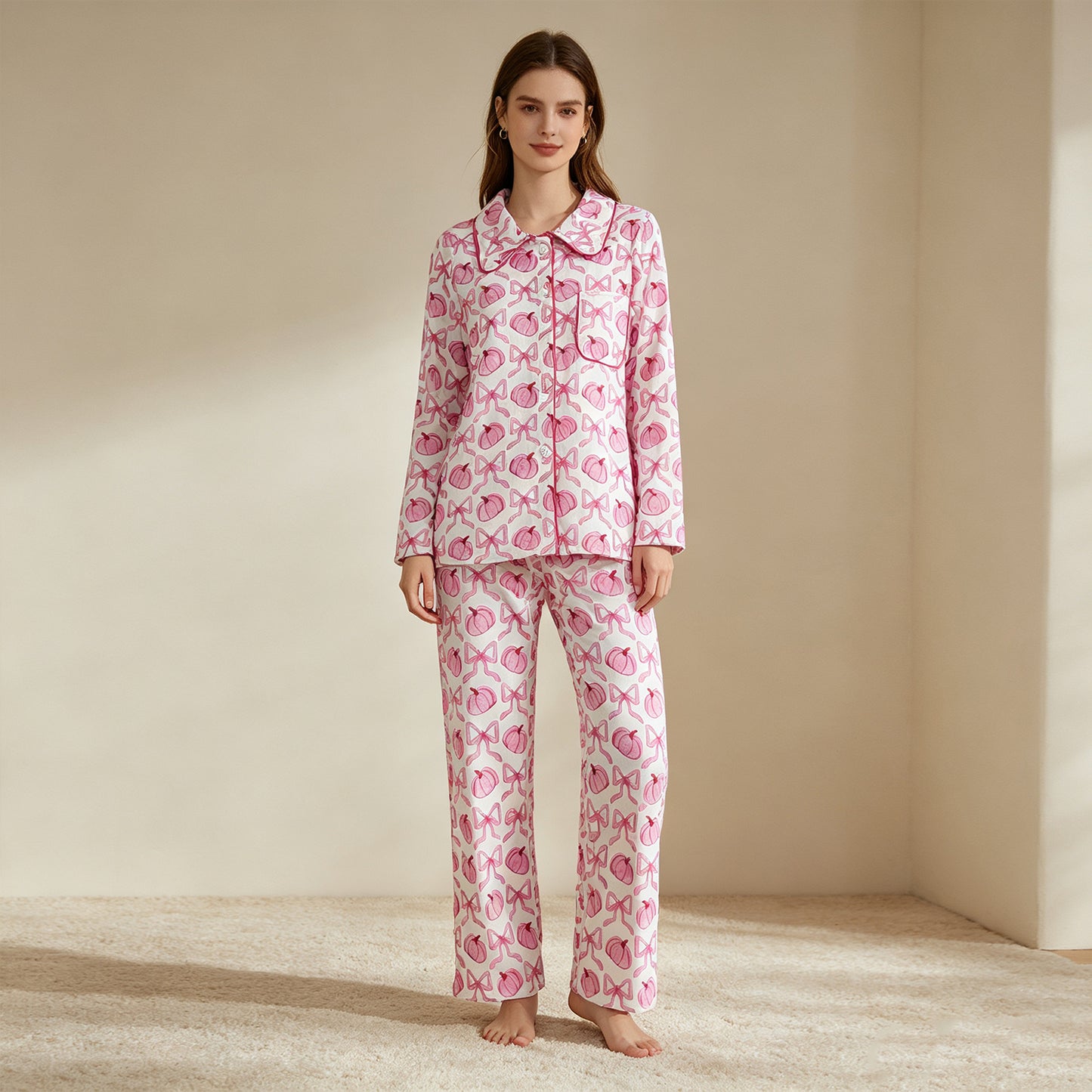 RTS NO MOQ （In stock）milk silk GLP3423 Adult Women Cute Bow Pumpkin Print Button Front Long Sleeve Top Pocket Pant Fall Pajama Set