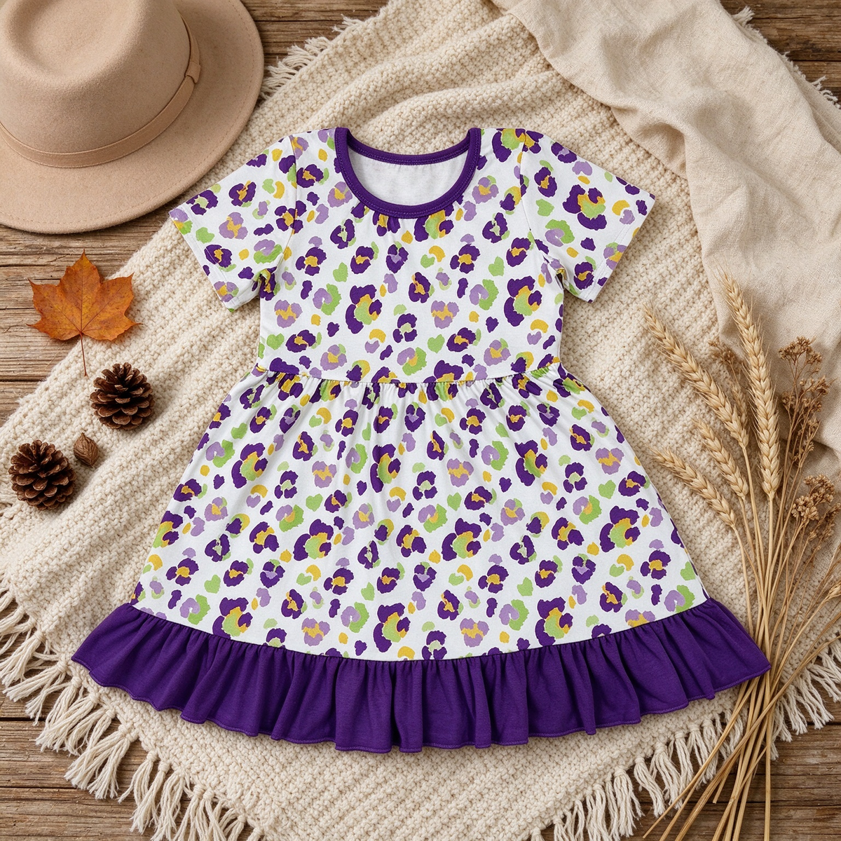 RTS NO MOQ （In stock）milk silk GSD4321 Baby Girls Leopard Print Short Sleeve Ruffle Knee Length Holiday Dress