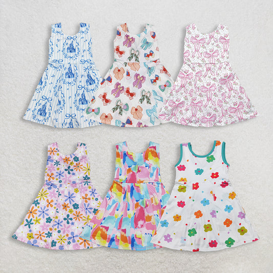 3.2 RST Clothes Sibling Summer Baby Girls Sleeveless Bows Floral Skorts Yoga Knee Length Dresses
