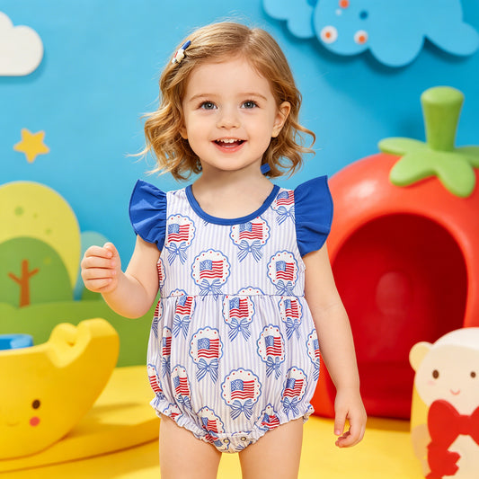 SR4029 RTS NO MOQ （In stock）Flutter sleeves bow flag stripe baby girls 4th of july romper
