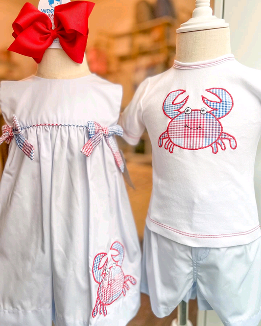 Boys Summer Outfits Short Sleeves White Crab Top Shorts Set Casual Breathable Clothing for Kids