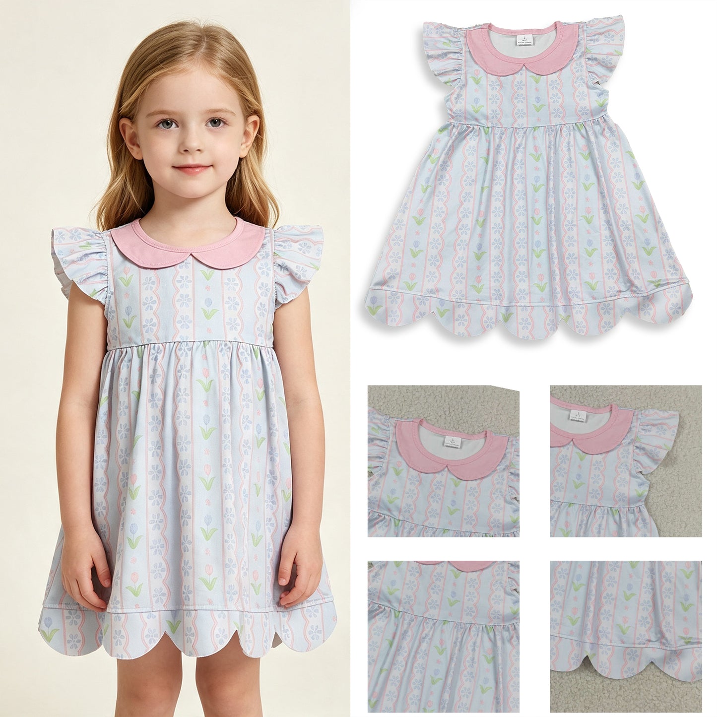 GSD3867 RTS NO MOQ （In stock） Baby Girls Flutter Sleeve Flowers Stripe Collar Scallop Knee Length Dresses