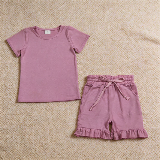 GSSO3348 RTS NO MOQ （In stock ）Short sleeves peach cotton top ruffle shorts girls outfits