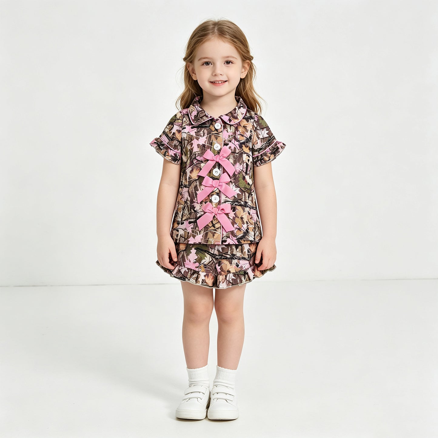 GSSO3364  RTS NO MOQ （In stock）milk silk  Baby Girls Southern Leaves Camo Button Top Ruffle Shorts Hunting Pajamas Sets