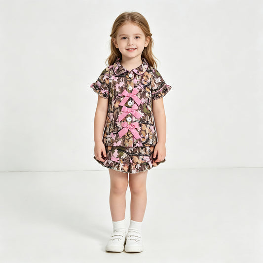 GSSO3364  RTS NO MOQ （In stock）milk silk  Baby Girls Southern Leaves Camo Button Top Ruffle Shorts Hunting Pajamas Sets
