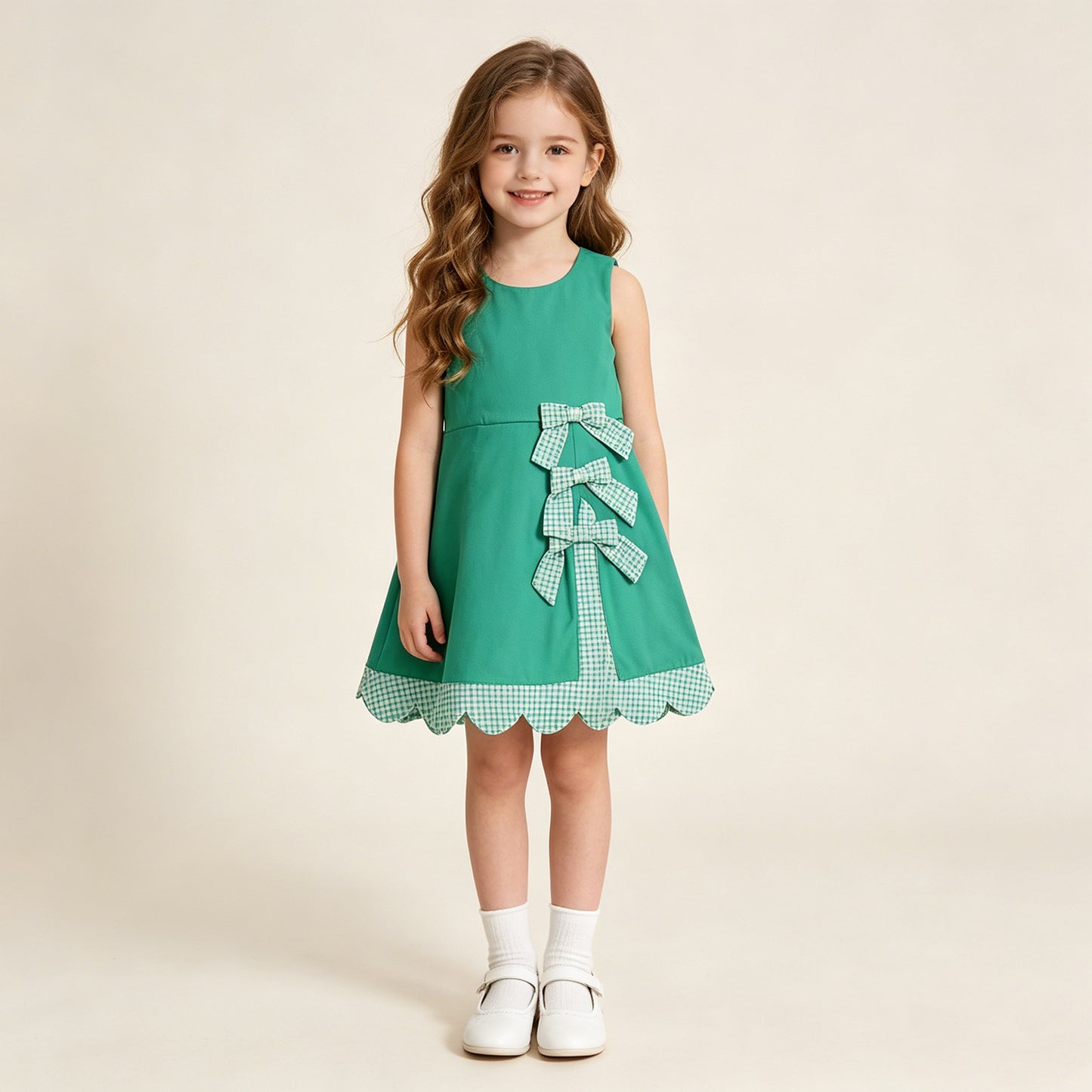 GSD3029 RTS NO MOQ （In stock ）Sleeveless plaid bow green kids girls summer athletic dress