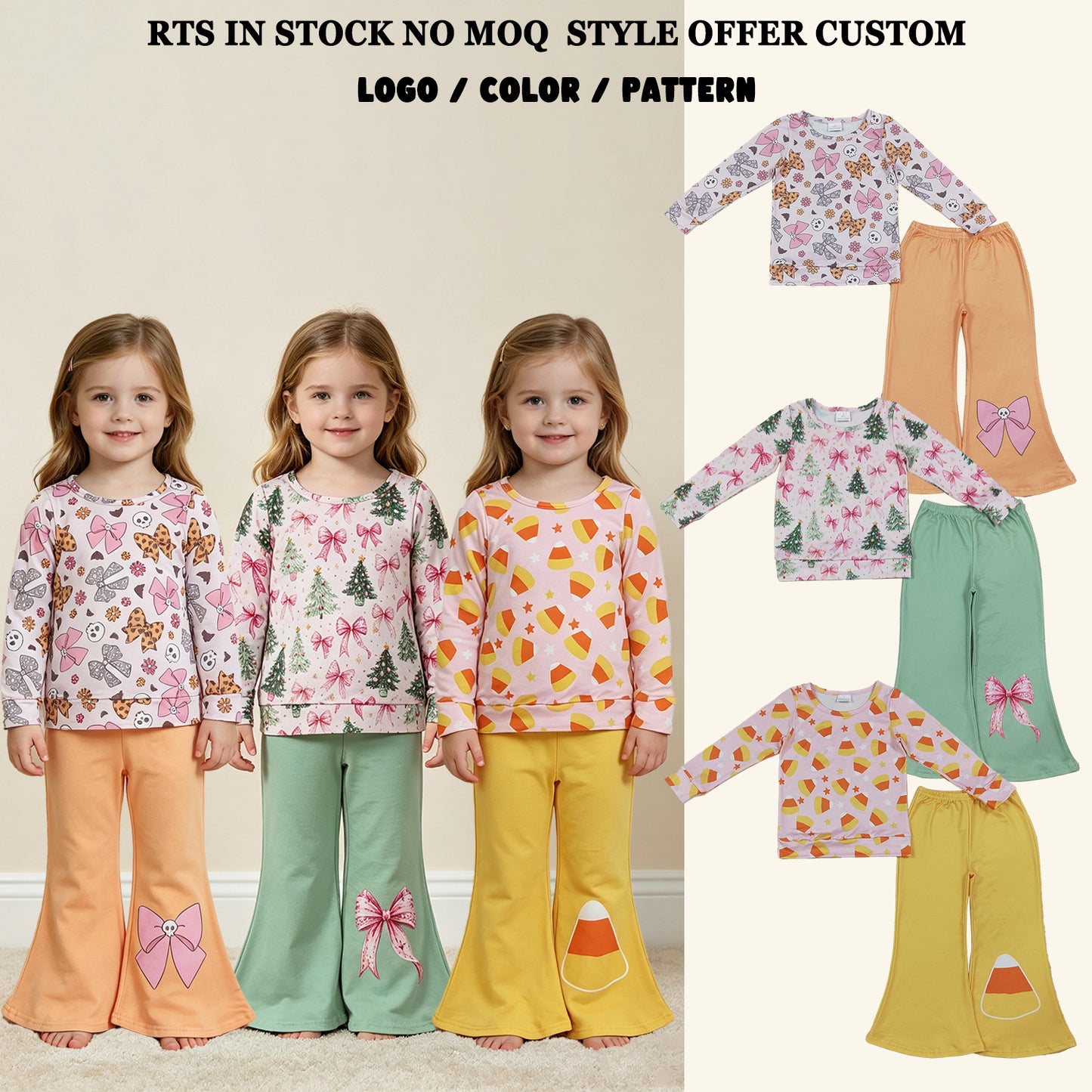 RTS NO MOQ Sibling milk silk Baby Girls Stars Candy Top Flare Pant Halloweens Clothes Sets Fall Holiday Outfit