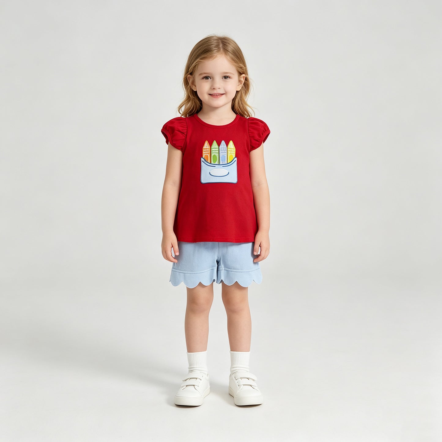 GSSO3727 RTS NO MOQ （In stock）Red crayon top scallop shorts girls back to school outfits