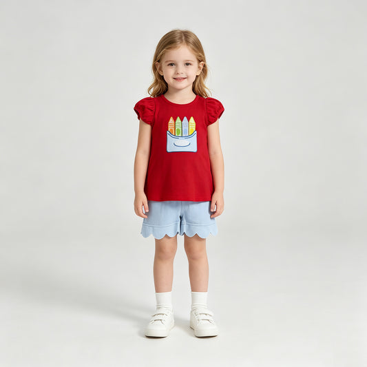 GSSO3727 RTS NO MOQ （In stock）Red crayon top scallop shorts girls back to school outfits