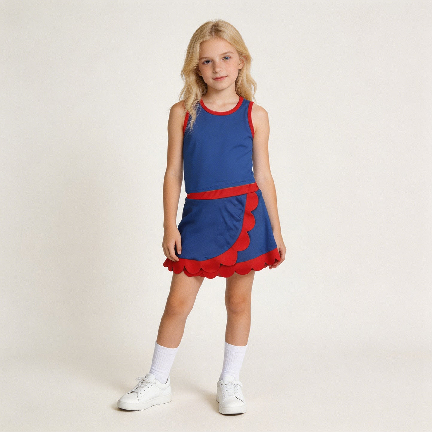 GSD4096 RTS NO MOQ （In stock）Baby Girls Red Navy Vest Top Scallop Skirt Short Yoga Active Clothes Set