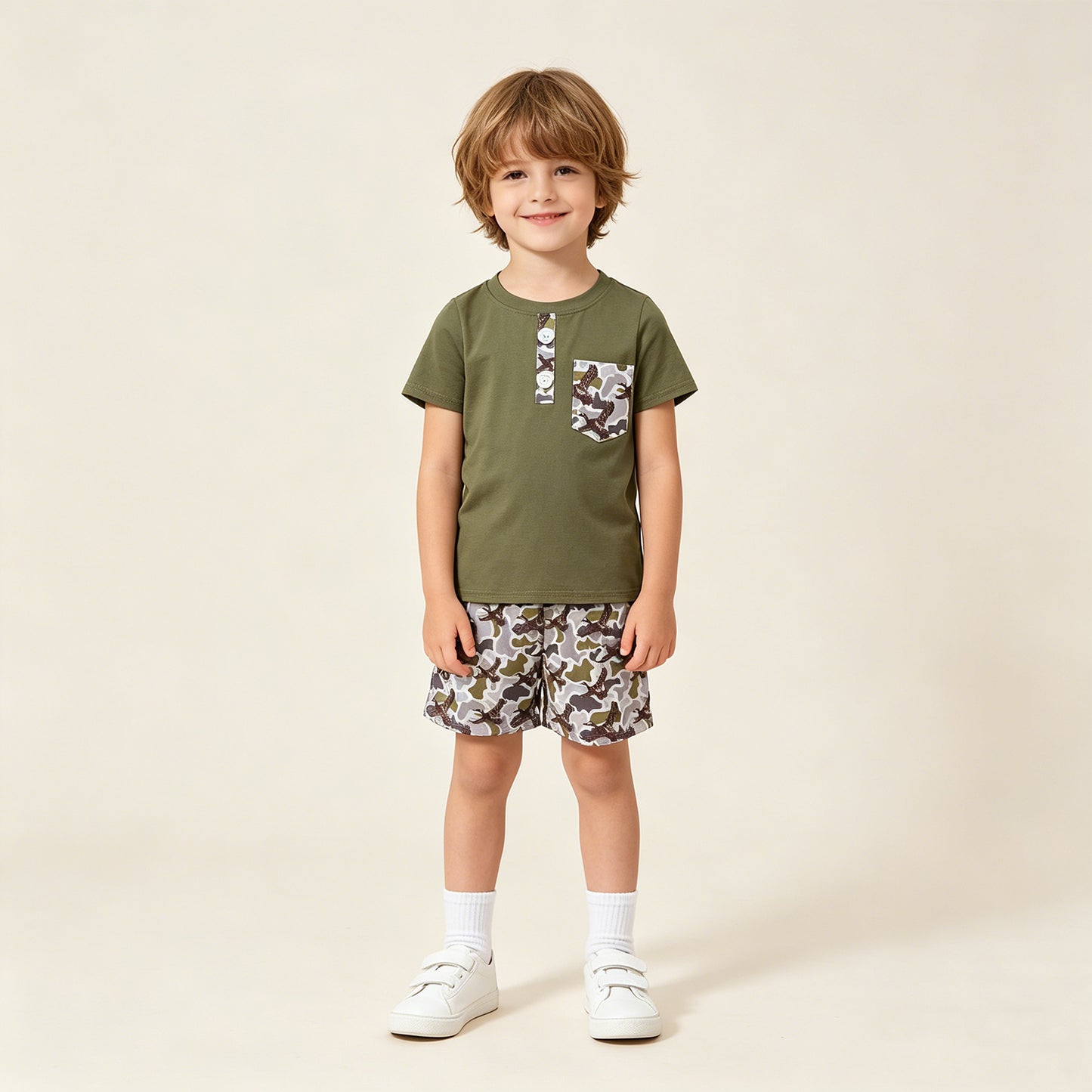 BSSO1856 RTS NO MOQ （In stock ）Short sleeves pocket top duck camo shorts boys outfits
