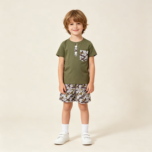 BSSO1856 RTS NO MOQ （In stock ）Short sleeves pocket top duck camo shorts boys outfits