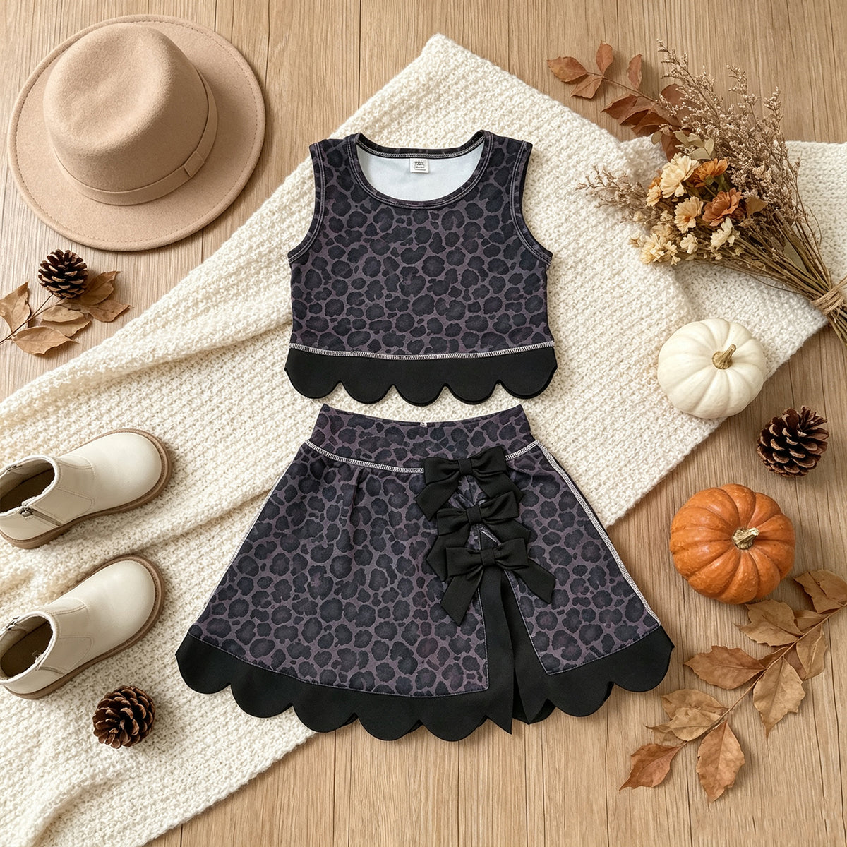 RTS NO MOQ （In stock）GSD4268 Yoga Sleeveless black leopard scallop top skirt girls active set