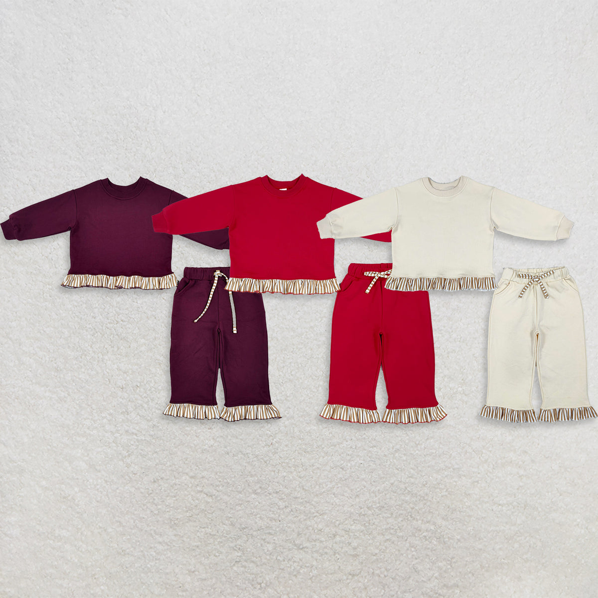 RTS NO MOQ Sibling fleece Baby Girls Cute Solid Color Long Sleeve Top Pockets Pants Sweater Clothes Set
