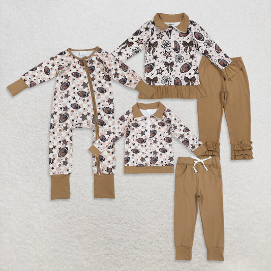 RTS Sibling Baby Football Plaid Stars Zipper Pullover Pants Outfit Rompers Comfortable Soft Clothing