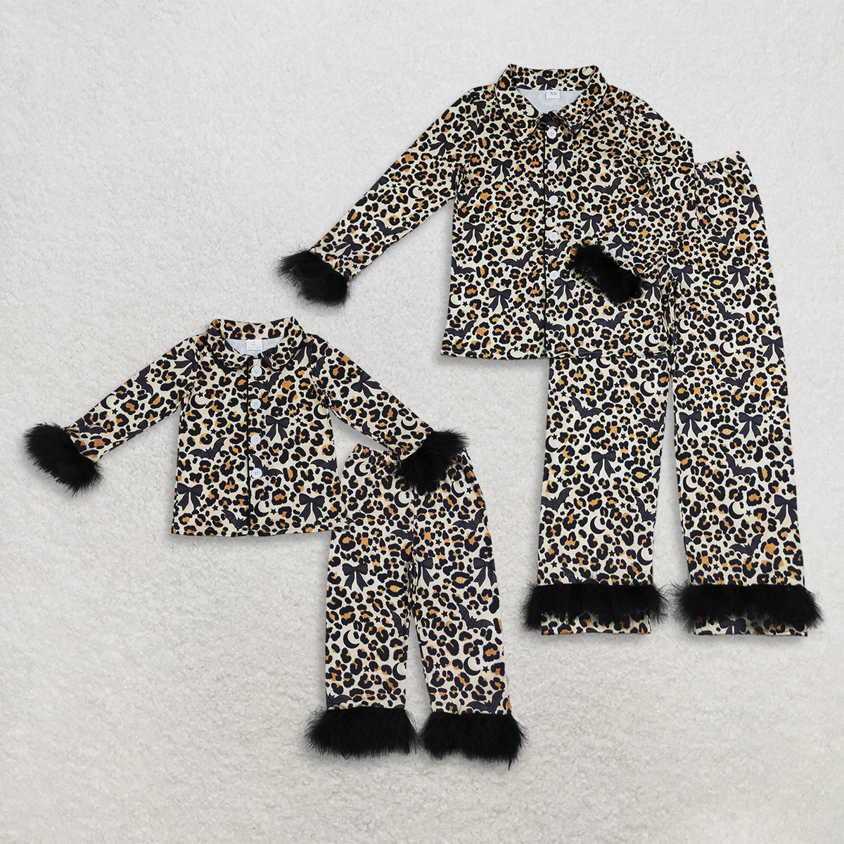 RTS NO MOQ milk silk Sibling Adult To Match Baby Girls Leopard Bats Button Top Pant Fur Sleeves Halloween Pajamas Set
