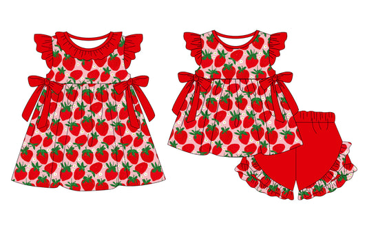 Flutter sleeves strawberry tunic red shorts girls clothes