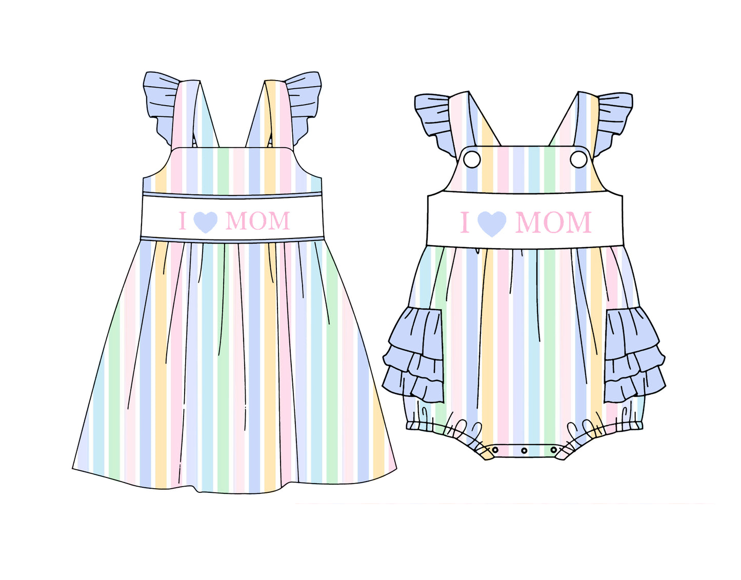 CUSTOM MOQ 5 Sibling Baby Girls Summer I Love MoM Pink Stripe Flutter Sleeve Knee Length Dresses Ruffle Rompers