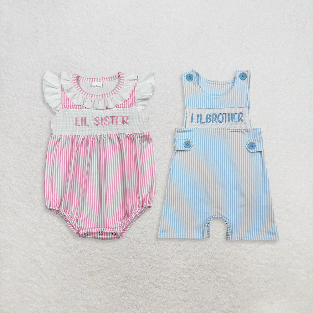 RTS Sibling Sleeveless stripe lil brother baby boy romper and smocked stripe baby romper