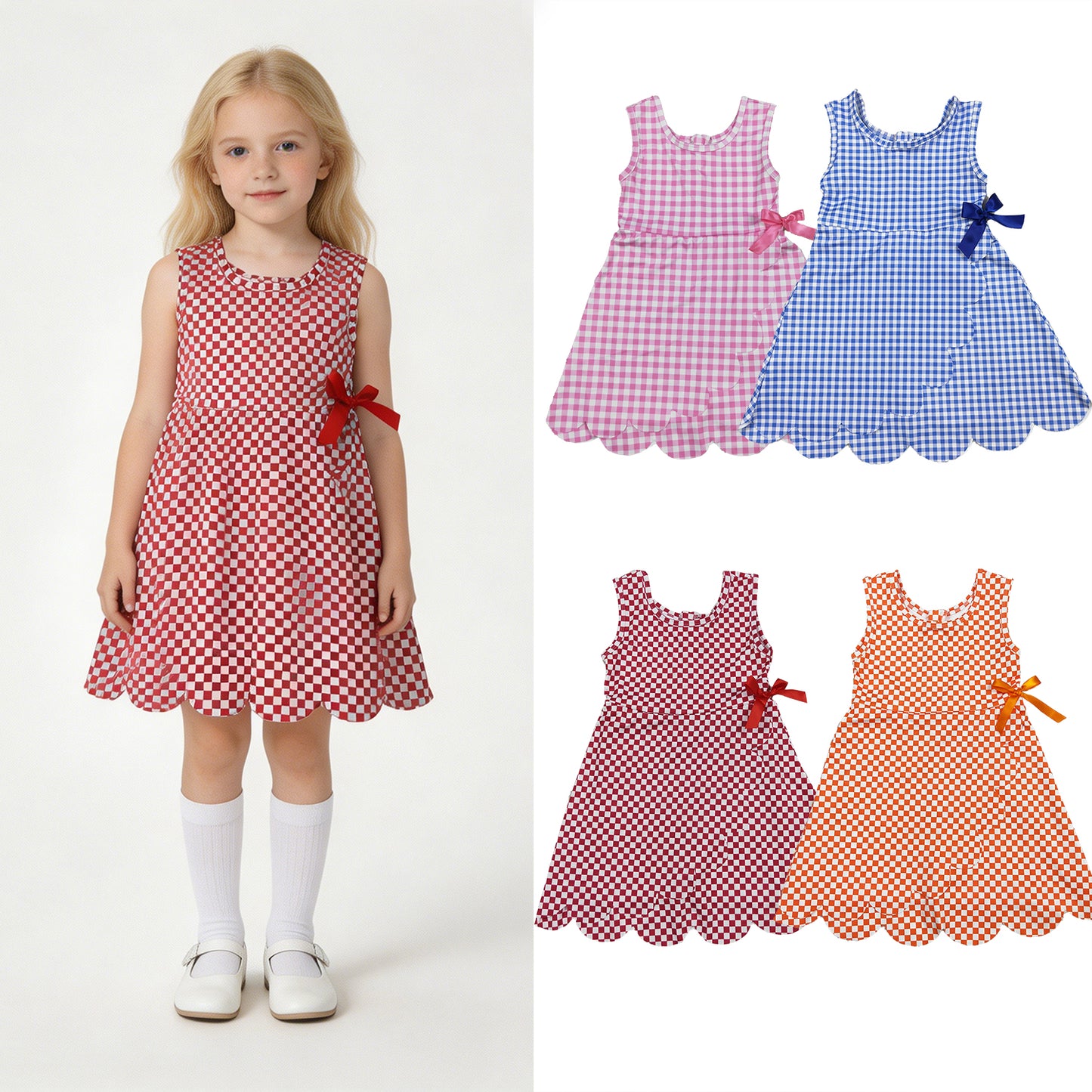 RTS Sibling Baby Girls Blue Orange Checked Yoga Active Shorts Scallop Knee Length Dresses