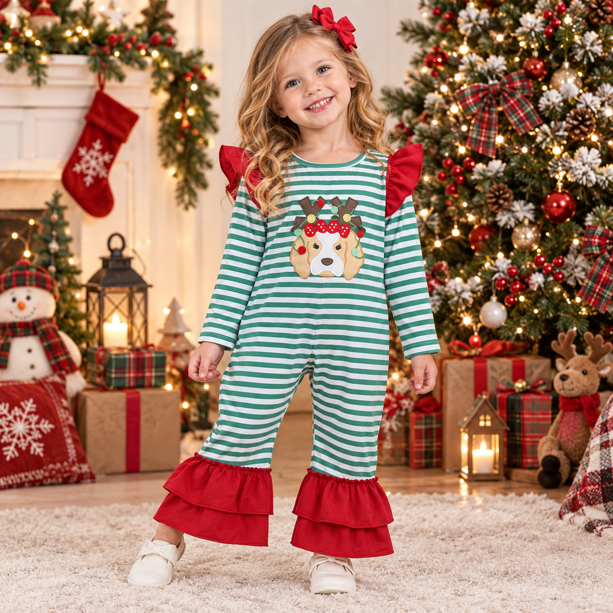 RTS NO MOQ （In stock）milk silk LR3145 Embroidery Lights Dog Baby Girls Green Stripe Christmas Ruffle Pant Rompers