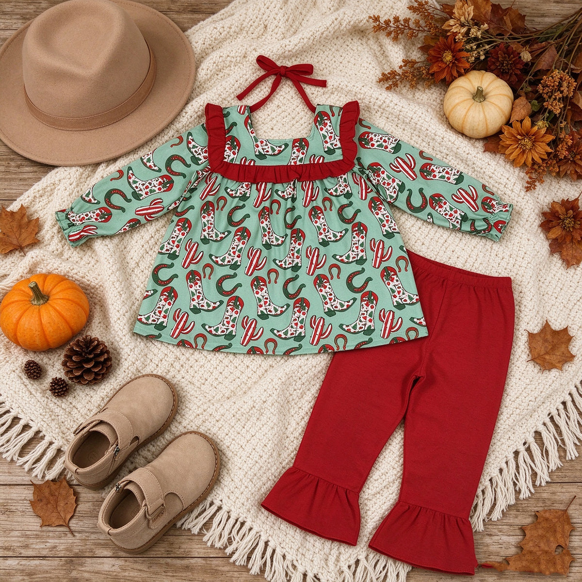 RTS NO MOQ （In stock）GLP2355 milk silk Baby Girls Cute Long Sleeves Green Boots Cactus Tunic Ruffle Pant Set