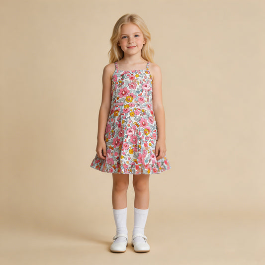 GSD2278 RTS NO MOQ （In stock ）Straps pink floral ruffle kids girls athletic dresses