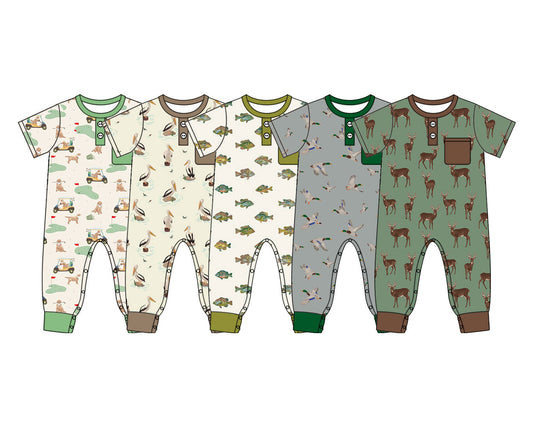4.17 Pre Order No moq Baby Boys Short Sleeve Golf Button Pocket Rompers