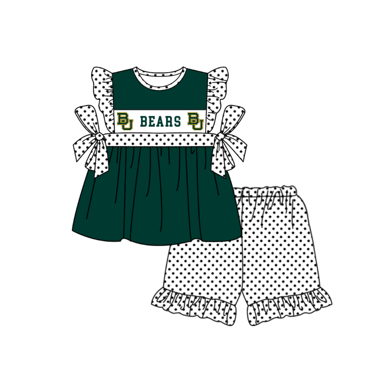 CUSTOM MOQ 5 Sibling Baby Kids Green Polka Dots Top Shorts Clothes Set Knee Length Dress Rompers