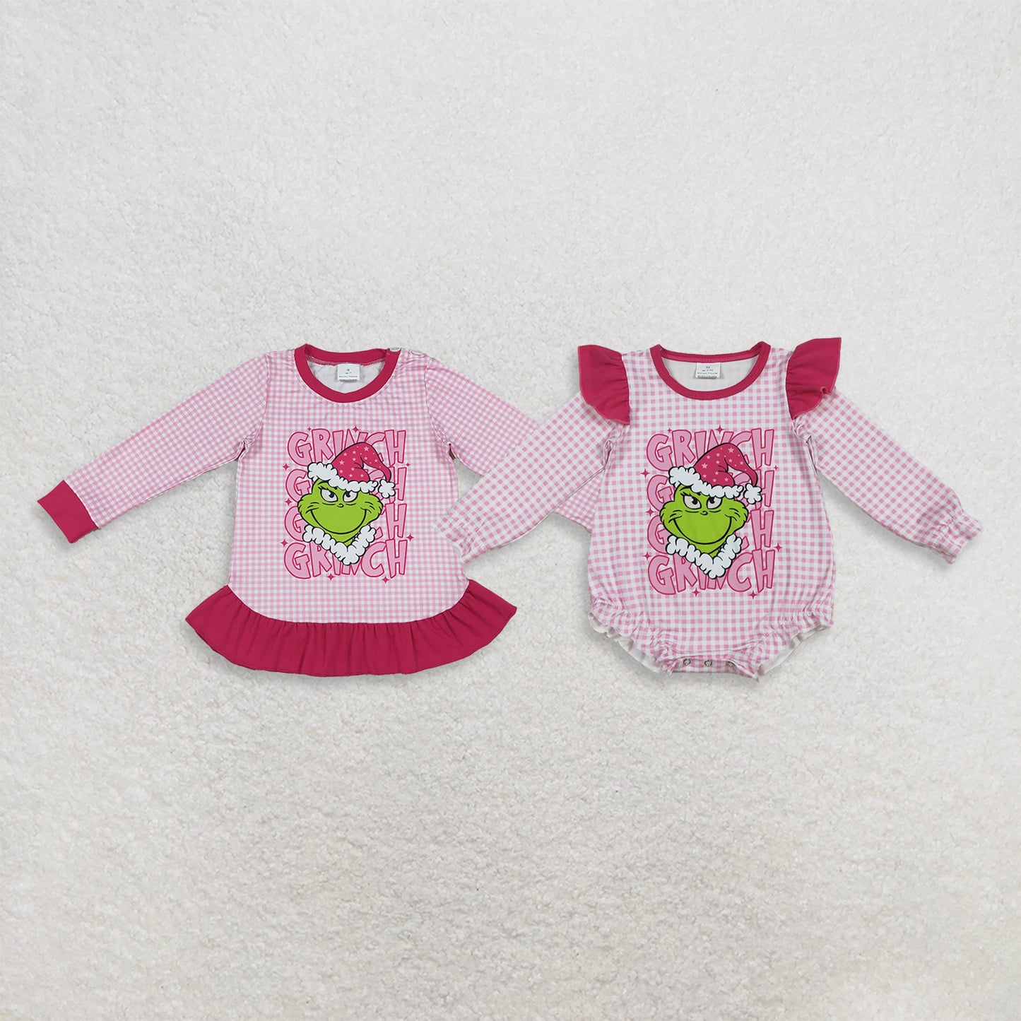 RTS NO MOQ Sibling milk silk Baby Girls Christmas Plaid Check Print Tee Shirts Top Ruffle Sleeve Rompers