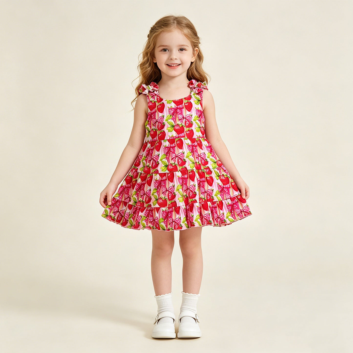 GSD3964 RTS NO MOQ （In stock）Sleeveless strawberry bow kids girls summer dresses